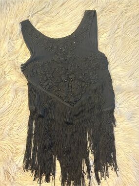 Free People Black Beaded Fringe Tank Top